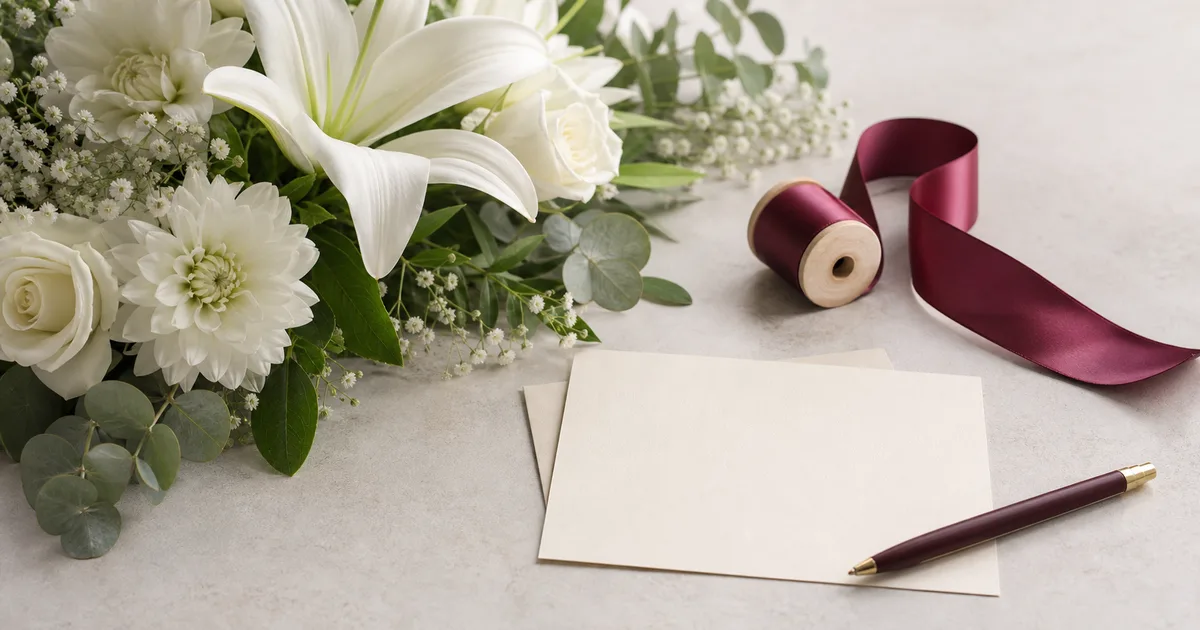 Flores blancas, cinta burdeos y tarjeta en blanco para preparar un mensaje funerario