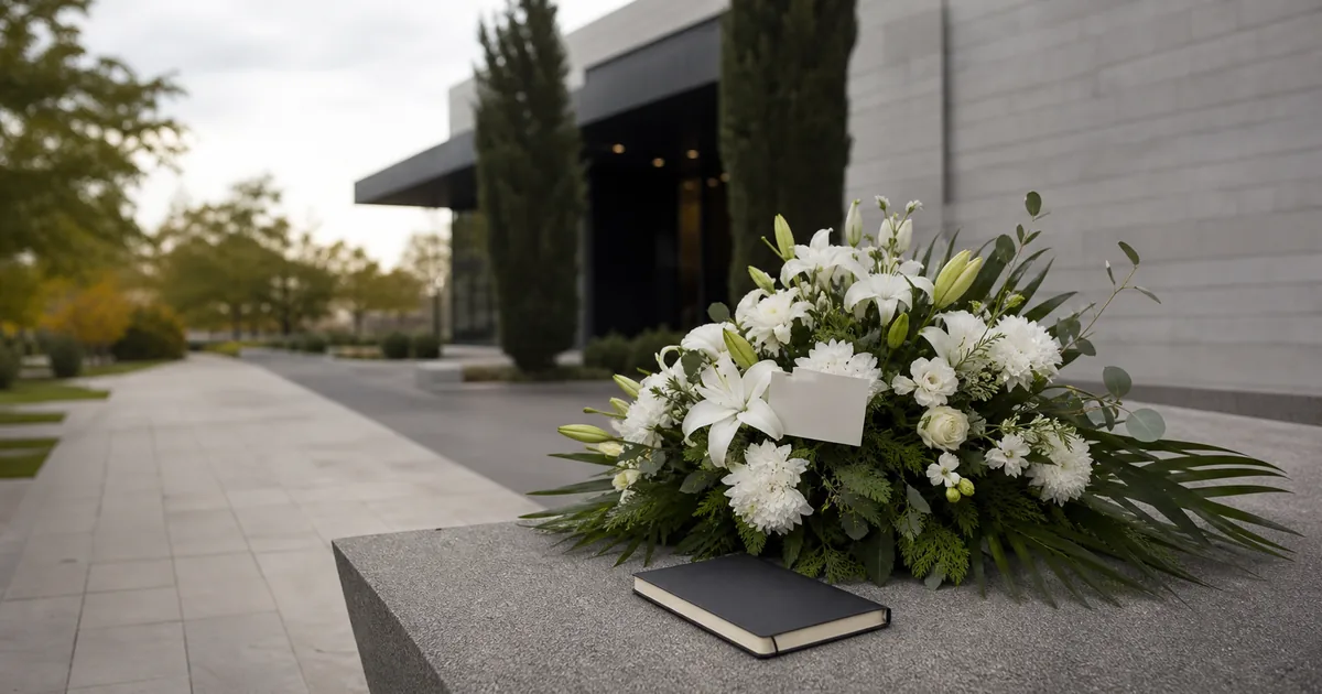 Centro floral blanco con cuaderno junto a un acceso sobrio de tanatorio