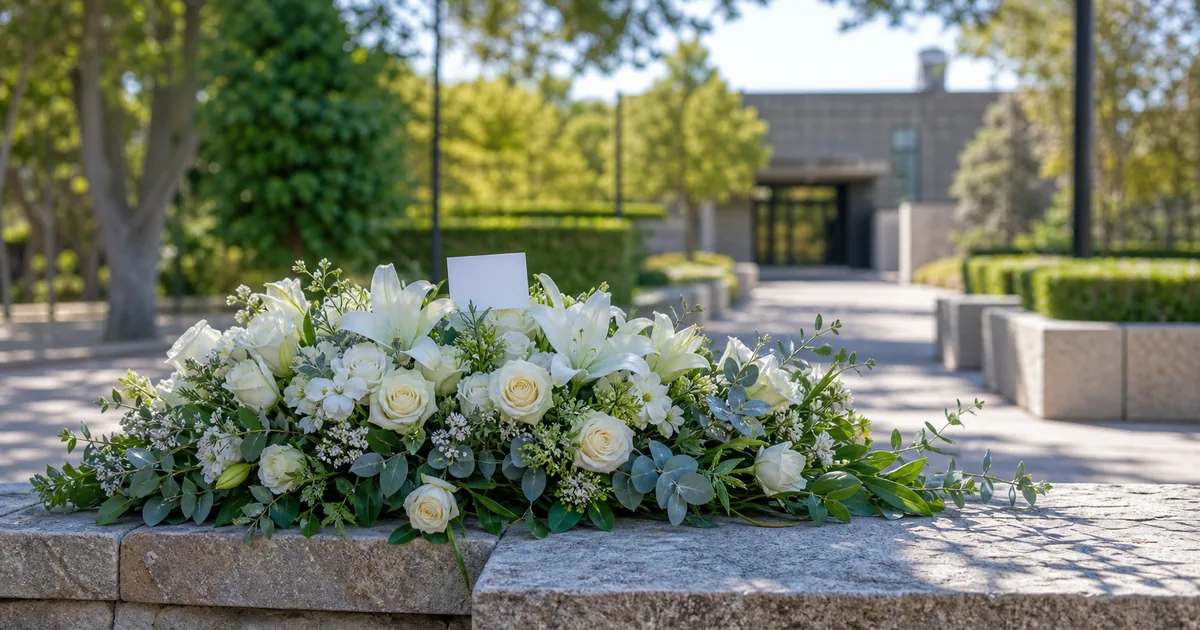 Arreglo de flores blancas en un entorno exterior tranquilo de tanatorio